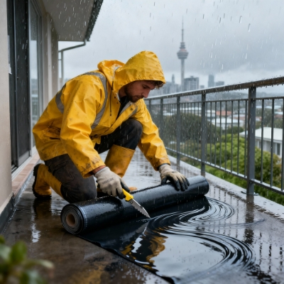 Expert installing Butynol membrane on an Auckland balcony in rainy weather.